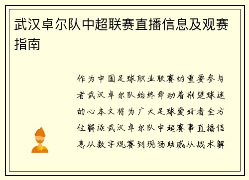 武汉卓尔队中超联赛直播信息及观赛指南